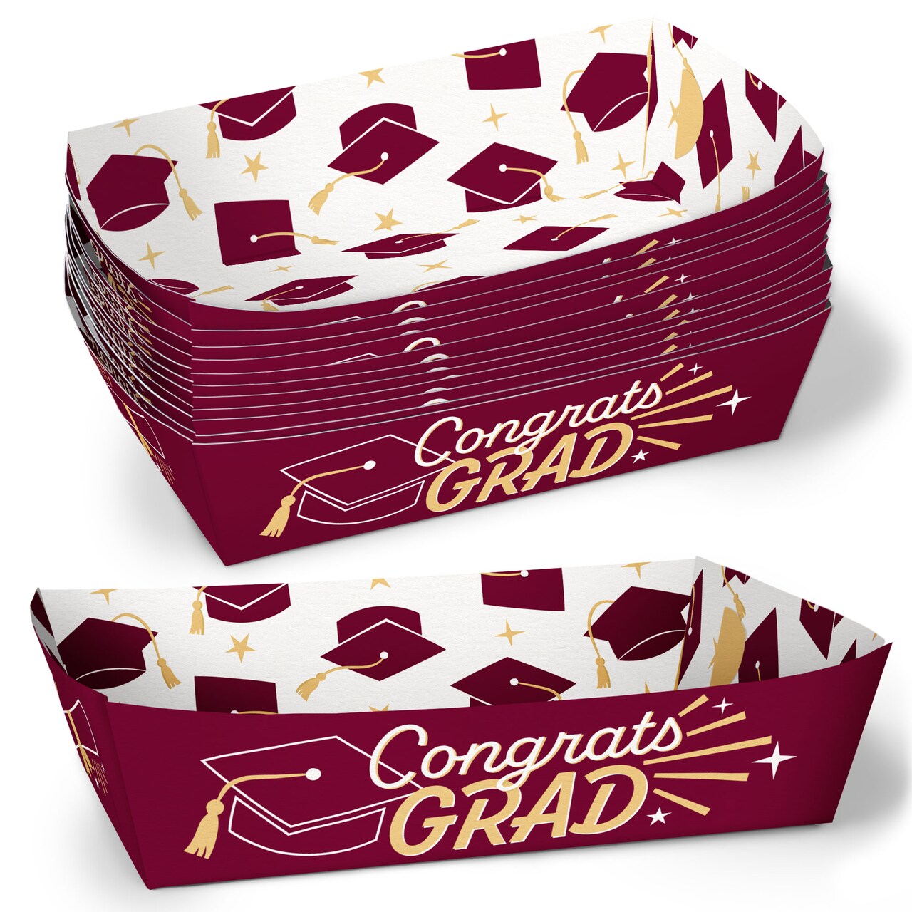 Big Dot of Happiness Maroon Graduation Paper Food Trays, Disposable Food Boats for Congrats Grad Party, Double-Sided Paper Meal Holders - 12 Ct